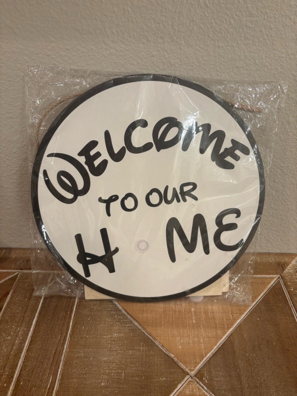 NEW Round Welcome to Our Home Disney Mickey Door Hanger Sign Black & White